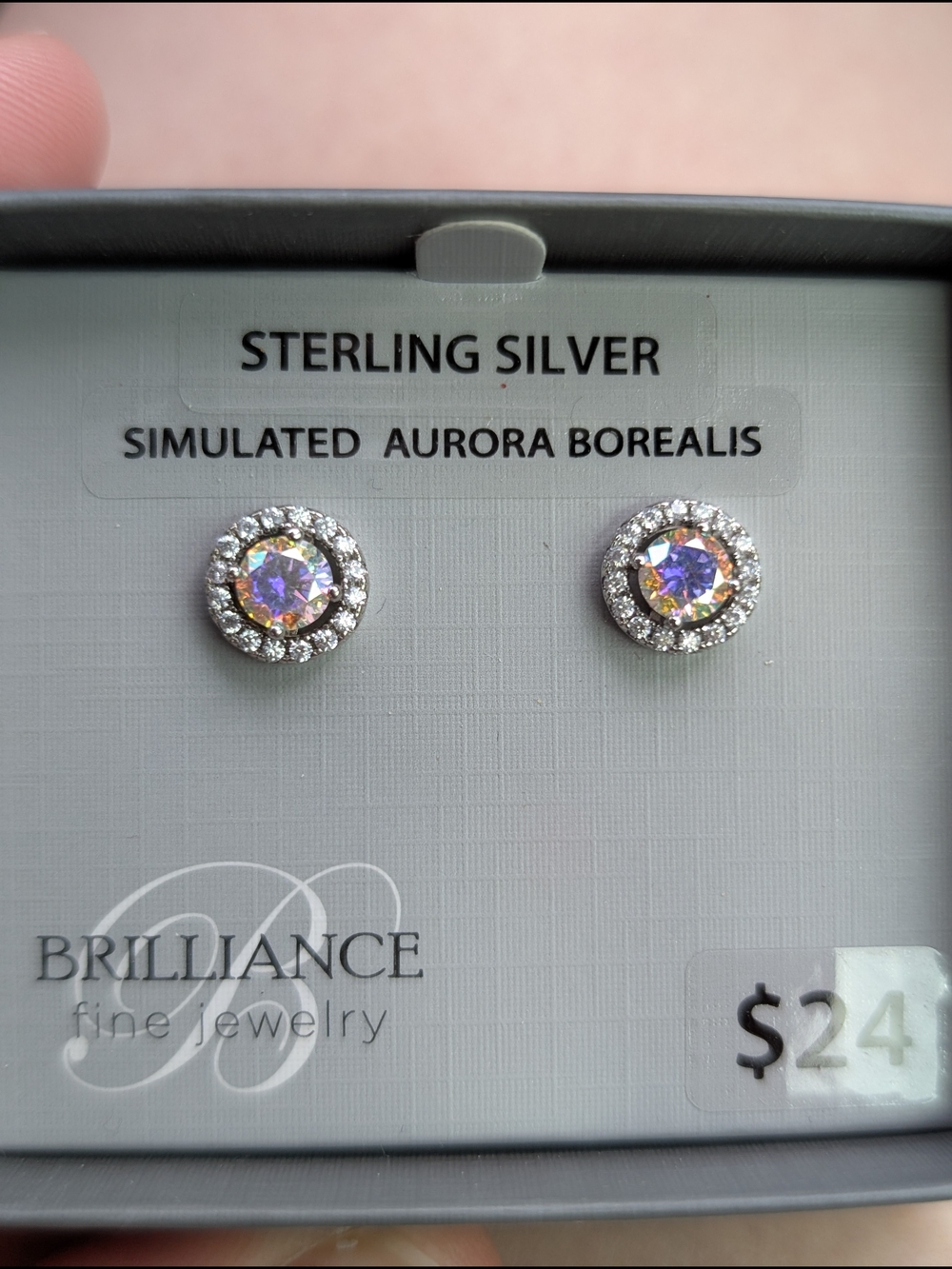 NIB Brilliance Sterling Silver Simulated Aurora Borealis Halo Stud Earrings